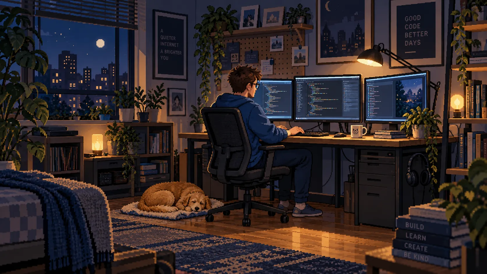 Illustration of CoderLuii coding at three monitors with Peanut asleep beside the desk